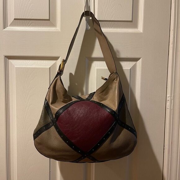 A.Bellucci leather khaki,taupe ,burgundy &black Medium shoulder bag studs accent - Picture 1 of 16